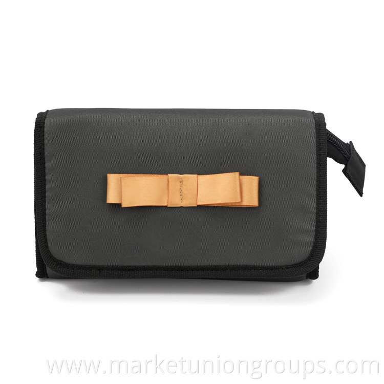 Plain Bow Gray Polyester ECO Friendly Custom Size Cosmetic Makeup Brush Bag with Mirror